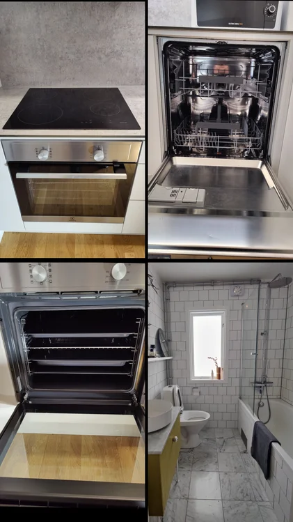 Move-out cleaning results in a kitchen and bathroom